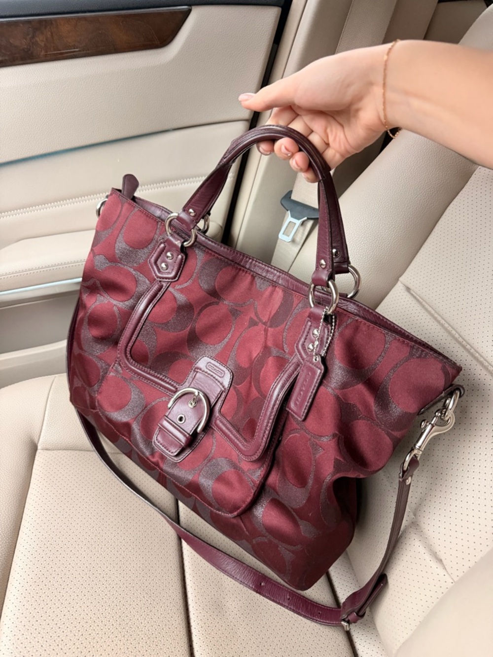 Coach Burgundy Signature Logo Tote with Front Buckle Pocket